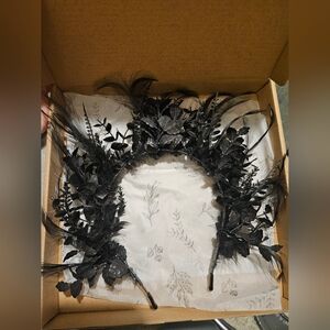 Black Feathered Headband, Black Lace Feathered Gloves, And Feathered Collar
